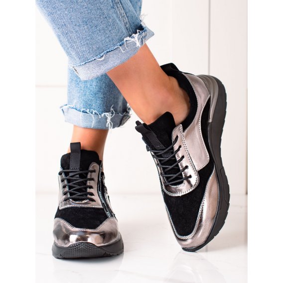 Čierno-strieborné kožené sneakersy